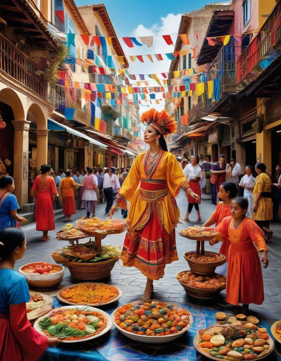 A vibrant collage of diverse cultural experiences showcasing traditional dance, unique clothing, and distinct culinary delights from various regions around the globe. Include elements like ornate architecture, lively street markets, and people engaging in cultural rituals, all interconnected with flowing patterns and colors. Emphasize diversity and celebration of heritage. super-realistic. vibrant colors. white background.