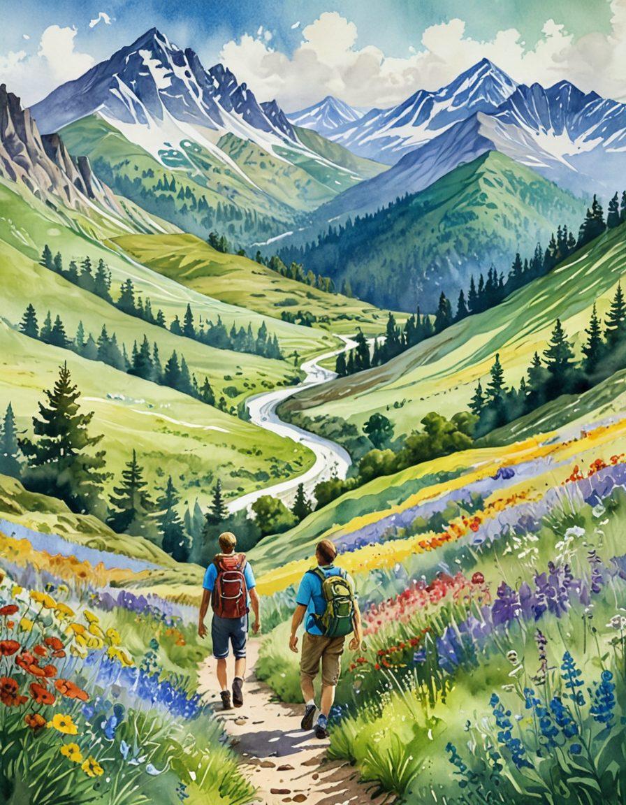 A breathtaking landscape featuring a winding path leading through lush green hills, dotted with vibrant wildflowers and distant mountains under a bright blue sky. In the foreground, a diverse group of travelers with backpacks, sharing stories and laughter, capturing the essence of adventure and personal journeys. A whimsical, dreamy atmosphere enhances the sense of exploration and inspiration. watercolor painting. vibrant colors. soft focus.