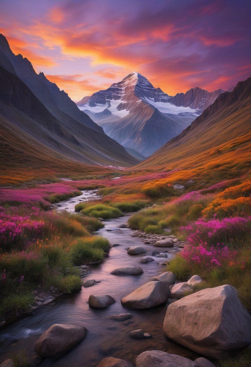A breathtaking landscape featuring a scenic mountain range and a tranquil river, with a diverse group of travelers exploring the terrain, clad in colorful hiking gear. Include elements of cultural artifacts, such as a traditional compass and maps scattered around, symbolizing adventure and discovery. The sky is a vibrant blend of sunset colors, illuminating the eager faces of the explorers. The overall feel should evoke a sense of wanderlust and excitement. super-realistic. vibrant colors. atmospheric.